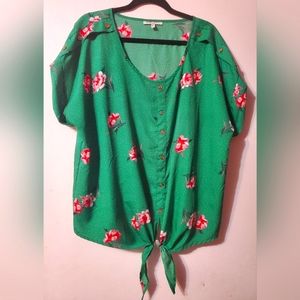 Speed Limit Green With Pink Floral Print Blouse 2X